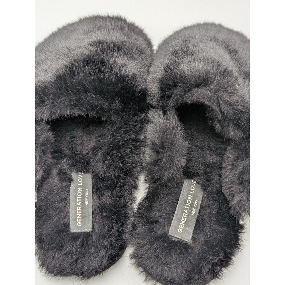Generation Love New York Black Faux Fur Plush Slide Slippers Womens Round Toe - Picture 2 of 5